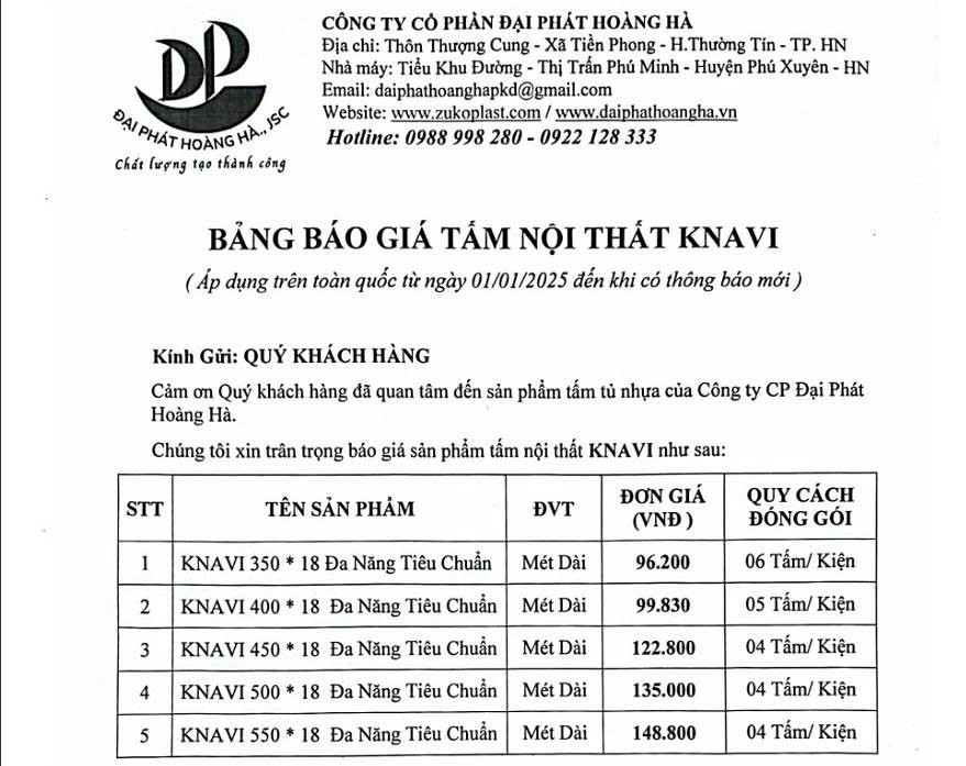 bảng giá tấm nhựa nội thất knavi phú thọ 