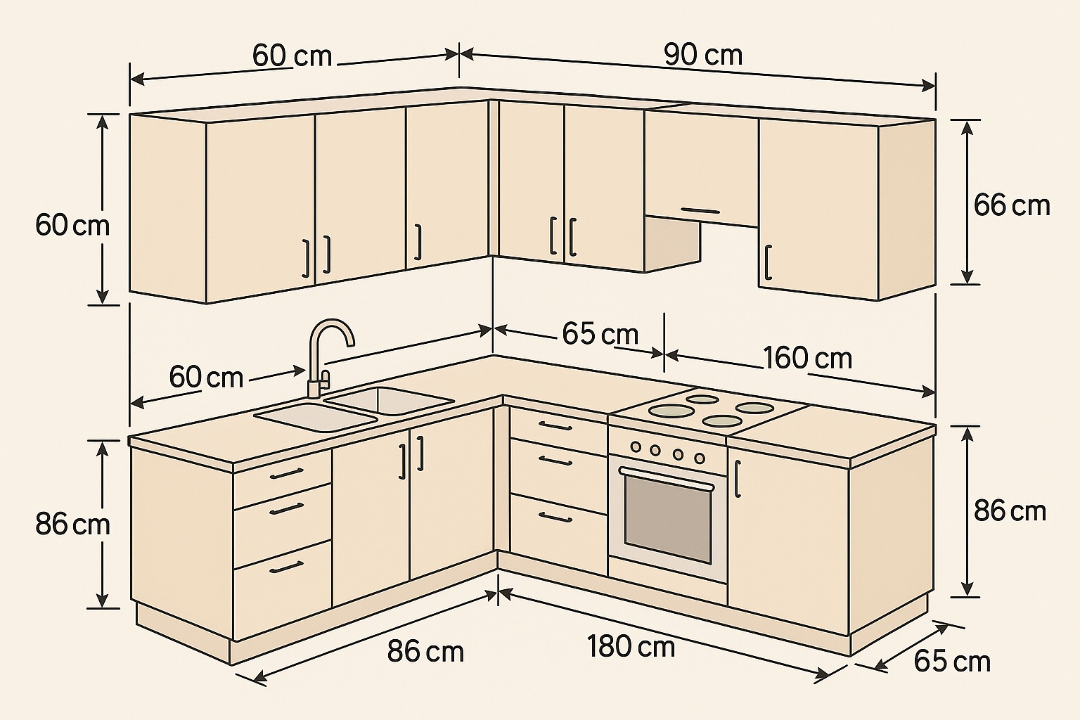 Kích Thước Tiêu Chuẩn Tủ Bếp Chữ L 