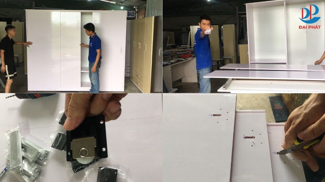 LÀM TỦ QUẦN ÁO NHỰA CỬA LÙA 3 CÁNH: NỐI CÁNH, LẮP BÁNH XE, GẮN TAY NẮM ÂM VÀ LÊN CÁNH CHUẨN