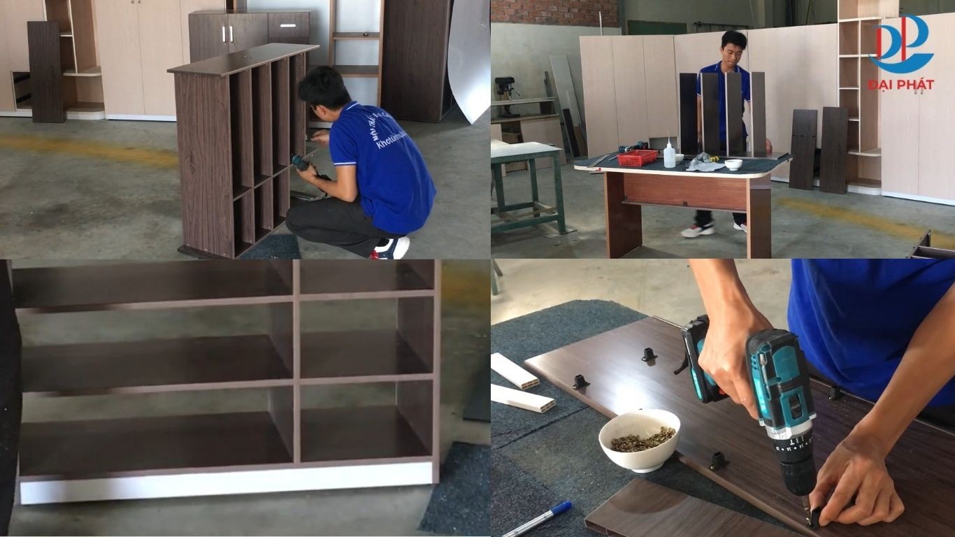 LẮP RÁP KHUNG TỦ GIÀY NHỰA SAU KHI BẮN MỘNG, GIA CƯỜNG CHẮC PHẦN HÔNG VÀ CHÂN TỦ