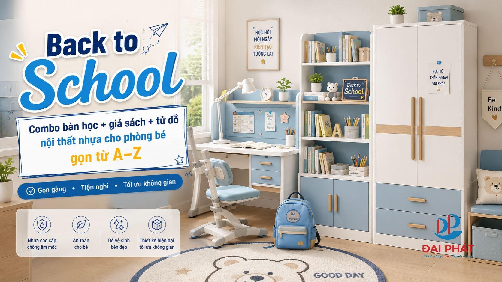 Back to School: Combo bàn học + giá sách + tủ đồ nội thất nhựa cho phòng bé gọn từ A–Z